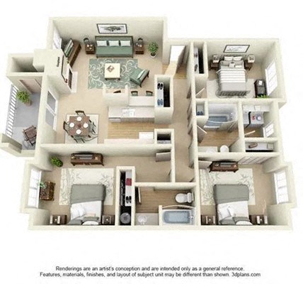 Floor plan for 3 beds, 2 baths, 1324 sqft